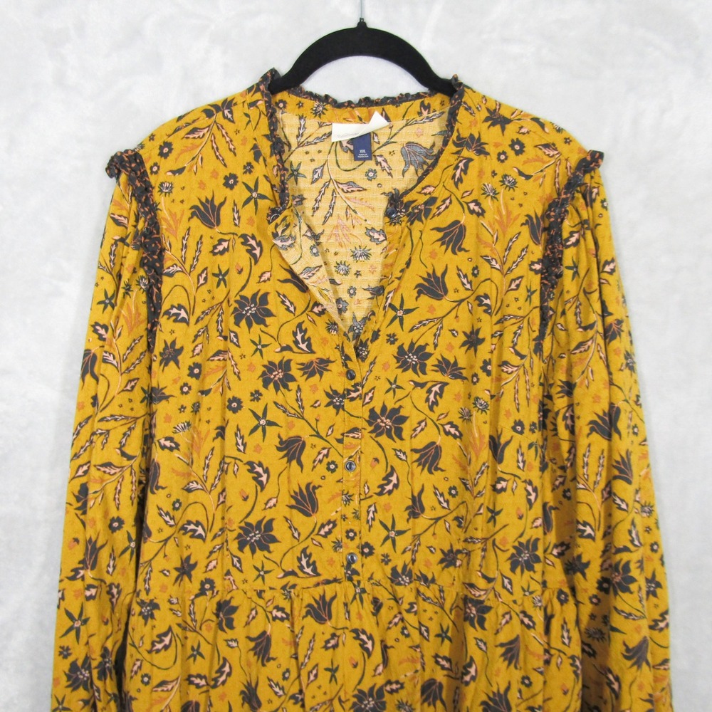 Universal Thread Mustard Yellow Floral Boho Midi Dress XXL Long Sleeve Cotton - Picture 5 of 14